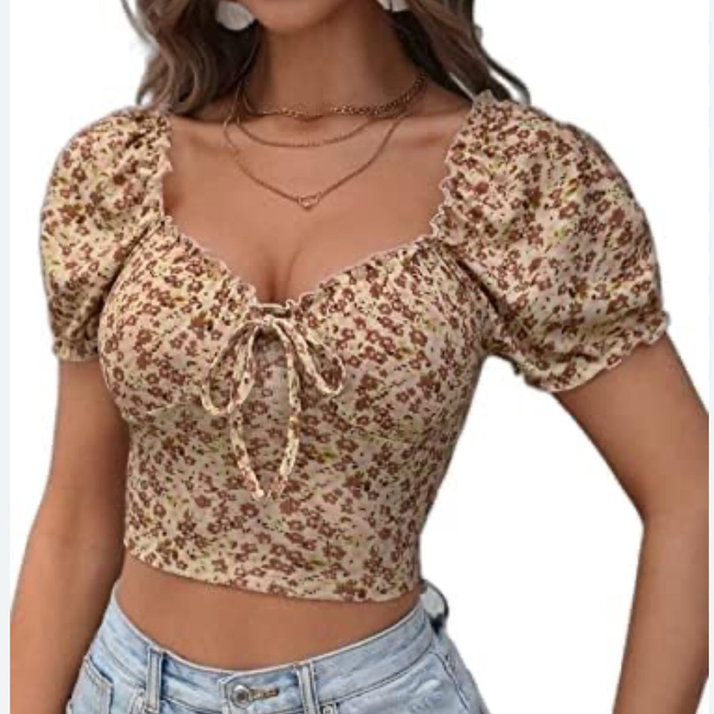 SHEIN Pink and Yellow Ditsy Ruffle Floral Top
